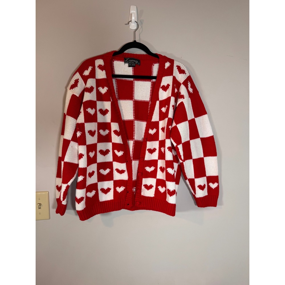Lumy Hand Knitted Vintage Red White Checkerboard Heart Cotton Cardigan Sweater M